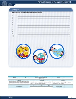 155
BLOCK 3
Activity 6c
Choose verbs from the table and write statements.
1. ____________________________________________________________________________________.
2. ____________________________________________________________________________________.
3. ____________________________________________________________________________________.
4. ____________________________________________________________________________________.
5. ____________________________________________________________________________________.
6. ____________________________________________________________________________________.
7. ____________________________________________________________________________________.
8. ____________________________________________________________________________________.
9. ____________________________________________________________________________________.
10. ____________________________________________________________________________________.
EVALUATION
Activity 6 Product: Practical exercises. Value:
KNOWLEDGE
Factual Procedural Attitude
Identifies verbs to be used to talk about special
days and annual events- celebrations, holidays,
and festivals.
Practices using verbs to describe customs and
events in his/her or other countries.
Appreciates the use of the grammar to be
applied in a real context.
Auto evaluation
C MC NYC
Obtained value:
 