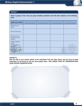 23
BLOCK 1
Activity 7a
With the help of your teacher gather all the information from the other teams, add and write all these
information on the board so you can draw graphs about AGE, ORIGIN, WAYS OF TRANSPORTATION,
GOOD OR BAD TRANSPORTATION.
Work in groups of five. Ask your group members questions and write their answers on the following
chart.
What’s your name? _______________ _______________ _______________ _______________
Where are you
from?
How old are you?
How far is your
house from your
school?
Is there a good
public
transportation in
your city?
How do you come
to school?
Activity 7
 