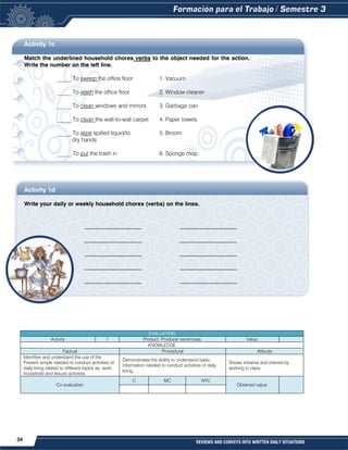 34 REVIEWS AND CONVEYS INTO WRITTEN DAILY SITUATIONS
Activity 1c
Match the underlined household chores verbs to the object needed for the action.
Write the number on the left line.
_____ To sweep the office floor 1. Vacuum
_____ To wash the office floor 2. Window cleaner
_____ To clean windows and mirrors 3. Garbage can
_____ To clean the wall-to-wall carpet 4. Paper towels
_____ To wipe spilled liquid/to 5. Broom
dry hands
_____ To put the trash in 6. Sponge mop
Activity 1d
Write your daily or weekly household chores (verbs) on the lines.
____________________ ____________________
____________________ ____________________
____________________ ____________________
____________________ ____________________
____________________ ____________________
EVALUATION
Activity 1 Product: Producer excercises. Value:
KNOWLEDGE
Factual Procedural Attitude
Identifies and understand the use of the
Present simple needed to conduct activities of
daily living related to different topics as: work,
household and leisure activities.
Demonstrates the ability to understand basic
information needed to conduct activities of daily
living.
Shows initiative and interest by
working in class.
Co evaluation
C MC NYC
Obtained value:
 