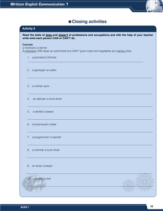 43
BLOCK 1
Closing activities
Read the table of does and doesn’t of professions and occupations and with the help of your teacher
write what each person CAN or CAN’T do.
Example:
a mechanic/ a farmer
A mechanic CAN repair an automobile but CAN’T grow crops and vegetables as a farmer does.
1. a plumber/a Chemist
_______________________________________________________________________________________
2. a geologist/ an editor
______________________________________________________________________________________________
3. a chef/an actor
_____________________________________________________________________________________________
4. an optician/ a truck driver
______________________________________________________________________________________________
5. a dentist/ a lawyer
______________________________________________________________________________________________
6. A pharmacist/ a teller
______________________________________________________________________________________________
7. a programmer/ a reporter
______________________________________________________________________________________________
8. a chemist/ a truck driver
______________________________________________________________________________________________
9. an actor/ a lawyer
_______________________________________________________________________________________________
10. a painter/ a chef
_______________________________________________________________________________________________
Activity 6
 