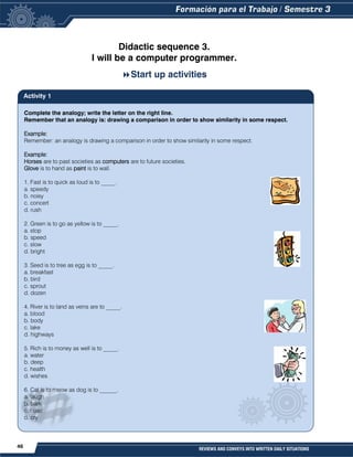 46 REVIEWS AND CONVEYS INTO WRITTEN DAILY SITUATIONS
Didactic sequence 3.
I will be a computer programmer.
Start up activities
Complete the analogy; write the letter on the right line.
Remember that an analogy is: drawing a comparison in order to show similarity in some respect.
Example:
Remember: an analogy is drawing a comparison in order to show similarity in some respect.
Example:
Horses are to past societies as computers are to future societies.
Glove is to hand as paint is to wall.
1. Fast is to quick as loud is to _____.
a. speedy
b. noisy
c. concert
d. rush
2. Green is to go as yellow is to _____.
a. stop
b. speed
c. slow
d. bright
3. Seed is to tree as egg is to _____.
a. breakfast
b. bird
c. sprout
d. dozen
4. River is to land as veins are to _____.
a. blood
b. body
c. lake
d. highways
5. Rich is to money as well is to _____.
a. water
b. deep
c. health
d. wishes
6. Cat is to meow as dog is to ______.
a. laugh
b. bark
c. cuac
d. cry
Activity 1
 