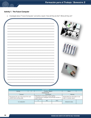 58 REVIEWS AND CONVEYS INTO WRITTEN DAILY SITUATIONS
Activity 7. The Future Computer
1. Investigate about “Future Computers” and write a report. How will they be like? What will they do?
_______________________________________________________________
_______________________________________________________________
_______________________________________________________________
_______________________________________________________________
_______________________________________________________________
_______________________________________________________________
_______________________________________________________________
_______________________________________________________________
_______________________________________________________________
_______________________________________________________________
_______________________________________________________________
_______________________________________________________________
_______________________________________________________________
_______________________________________________________________
_______________________________________________________________
_______________________________________________________________
_______________________________________________________________
_______________________________________________________________
_______________________________________________________________
_______________________________________________________________
_______________________________________________________________
_______________________________________________________________
_______________________________________________________________
EVALUATION
Activity 7 Product: Report. Value:
KNOWLEDGE
Factual Procedural Attitude
Recognizes the use of the future form and
verifies his/her writing skills.
Searches for information using reading
comprehension strategies that will help him/her to
write a report.
Appreciates the information to be
used in a written report.
Co evaluation
C MC NYC
Obtained value:
 