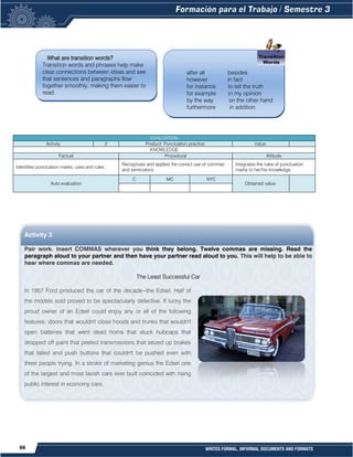 66 WRITES FORMAL, INFORMAL DOCUMENTS AND FORMATS
Activity 3
Pair work. Insert COMMAS wherever you think they belong. Twelve commas are missing. Read the
paragraph aloud to your partner and then have your partner read aloud to you. This will help to be able to
hear where commas are needed.
The Least Successful Car
In 1957 Ford produced the car of the decade--the Edsel. Half of
the models sold proved to be spectacularly defective. If lucky the
proud owner of an Edsel could enjoy any or all of the following
features: doors that wouldn't close hoods and trunks that wouldn't
open batteries that went dead horns that stuck hubcaps that
dropped off paint that peeled transmissions that seized up brakes
that failed and push buttons that couldn't be pushed even with
three people trying. In a stroke of marketing genius the Edsel one
of the largest and most lavish cars ever built coincided with rising
public interest in economy cars.
EVALUATION
Activity 2 Product: Punctuation practice. Value:
KNOWLEDGE
Factual Procedural Attitude
Identifies punctuation marks, uses and rules.
Recognizes and applies the correct use of commas
and semicolons.
Integrates the rules of punctuation
marks to her/his knowledge.
Auto evaluation
C MC NYC
Obtained value:
after all besides
however in fact
for instance to tell the truth
for example in my opinion
by the way on the other hand
furthermore in addition
What are transition words?
Transition words and phrases help make
clear connections between ideas and see
that sentences and paragraphs flow
together smoothly, making them easier to
read.
 