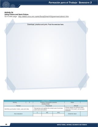 68 WRITES FORMAL, INFORMAL DOCUMENTS AND FORMATS
Activity 3c
Using Colons and Semi-Colons.
Go to web page: http://web2.uvcs.uvic.ca/elc/StudyZone/410/grammar/colons1.htm
Download, practice and print. Post the exercise here.
 
EVALUATION
Activity 3 Product: Punctuation practice. Value:
KNOWLEDGE
Factual Procedural Attitude
Identifies punctuation marks, uses and rules.
Recognizes and applies the correct use of commas
colons and semicolons.
Shows respect for partners when
passing to the board and accepts
feedback
Auto evaluation
C MC NYC
Obtained value:
 