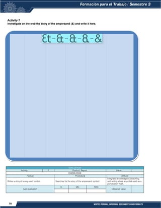 78 WRITES FORMAL, INFORMAL DOCUMENTS AND FORMATS
Activity 7
Investigate on the web the story of the ampersand (&) and write it here.
EVALUATION
Activity 7 Product: Report. Value:
KNOWLEDGE
Factual Procedural Attitude
Writes a story of a very used symbol. Searches for the story of the ampersand symbol.
Integrates knowledge by searching
and writing about a symbol used as a
punctuation mark.
Auto evaluation
C MC NYC
Obtained value:
 