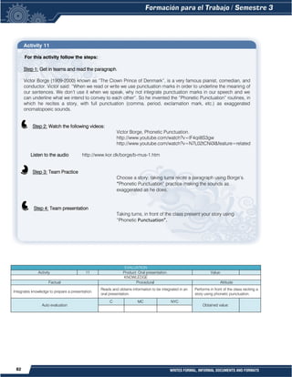 82 WRITES FORMAL, INFORMAL DOCUMENTS AND FORMATS
Activity 11
For this activity follow the steps:
Step 1: Get in teams and read the paragraph.
Victor Borge (1909-2000) known as “The Clown Prince of Denmark”, is a very famous pianist, comedian, and
conductor. Victor said: “When we read or write we use punctuation marks in order to underline the meaning of
our sentences. We don’t use it when we speak, why not integrate punctuation marks in our speech and we
can underline what we intend to convey to each other”. So he invented the “Phonetic Punctuation” routines, in
which he recites a story, with full punctuation (comma, period, exclamation mark, etc.) as exaggerated
onomatopoeic sounds.
Step 2: Watch the following videos:
Victor Borge, Phonetic Punctuation.
http://www.youtube.com/watch?v=lF4qii8S3gw
http://www.youtube.com/watch?v=N7L02tCNi0I&feature=related
Listen to the audio http://www.kor.dk/borge/b-mus-1.htm
Step 3: Team Practice
Choose a story; taking turns recite a paragraph using Borge’s.
“Phonetic Punctuation” practice making the sounds as
exaggerated as he does.
Step 4: Team presentation
Taking turns, in front of the class present your story using
“Phonetic Punctuation”.
EVALUATION
Activity 11 Product: Oral presentation. Value:
KNOWLEDGE
Factual Procedural Attitude
Integrates knowledge to prepare a presentation.
Reads and obtains information to be integrated in an
oral presentation.
Performs in front of the class reciting a
story using phonetic punctuation.
Auto evaluation
C MC NYC
Obtained value:
 