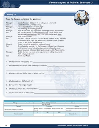 84 WRITES FORMAL, INFORMAL DOCUMENTS AND FORMATS
Activity 1b

EVALUATION
Activity 1 Product: Diagnosis task. Value:
KNOWLEDGE
Factual Procedural Attitude
Recognizes different documents.
Applies previous knowledge to fill out common term
format.
Shows initiative when working in basic
exercises.
Auto evaluation
C MC NYC
Obtained value:
Read the dialogue and answer the questions:
Manager: Good afternoon! Sit down; I’ll be with you in a moment.
Pat: Good afternoon! Ok I’ll be waiting.
Manager: For what position are you applying?
Pat: For the bilingual secretary position.
Manager: Well, do you have any experience in writing business documents?
Pat: Yes Sir. I know how to write memorandums, I know how to write
and answer questionnaires, and I also know how to write notes.
Manager: What kind of notes?
Pat: You see… people from the company where I worked is very sociable
so I used to write thank you notes, congratulation notes, sympathy
notes, or any kind of sociable note…
Manager: That’s interesting, what about business letters?
Pat: Since I was the secretary for the Engineering Department, besides
writing notes I wrote letters for placing orders. I used to order
power supplies, fixtures and computer equipment to Assemble Co.
Manager: That’s ok, I see you have some experience in writing documents
We’ll call you in a week.
Pat: Thank you Ma’am.
1. What position is Pat applying for? _________________________________________________________________
2. What experience does Pat have in writing documents? _______________________________________________
__________________________________________________________________________________________________
3. What kind of notes did Pat used to write in her job? __________________________________________________
__________________________________________________________________________________________________
4. What department did Pat work for? ________________________________________________________________
5. Do you think Pat will get the job? _________________________________________________________________
6. What do you know about memorandums? _________________________________________________________
7. Do you know how to fill out a form? _______________________________________________________________
 