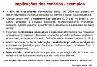 16
Prof. James Wright - USP
> 90% do crescimento demográfico global até 2020 nos países em
desenvolvimento. Aumenta consumo de carnes e grãos; água escasseia.
Cresce desde 1984 o consumo das classes C, D e E no Brasil e Am
Latina; produtos e serviços populares, tecnologicamente avançados,
robustos, ambientalmente sustentáveis e acessíveis à população de baixa
renda;
Potencial de liderança tecnológica e empresarial brasileira nos mercados
emergentes (Exemplos: alimentos, educação, produtos naturais, orgânicos,
ecoturismo, lazer,entretenimento, 3a idade,saúde, bio-medicamentos, etc.)
Maior demanda por lazer, educação, previdência privada e serviços de
conveniência (voltados para 3a idade, mulheres que trabalham fora, e
outros segmentos).
Mercado de trabalho incorpora parcela da população de 3a idade, que
trabalhará até idade mais avançada, de modo mais flexível.
Fonte: Programa de Estudos do Futuro. Pesquisa Delphi “Perfil do Consumidor do Futuro”. Dezembro/2001
Implicações dos cenários - exemplos
 