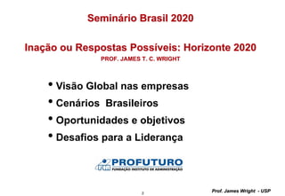 2
Prof. James Wright - USP
Seminário Brasil 2020
Inação ou Respostas Possíveis: Horizonte 2020
PROF. JAMES T. C. WRIGHT
• Visão Global nas empresas
• Cenários Brasileiros
• Oportunidades e objetivos
• Desafios para a Liderança
 