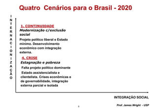 8
Prof. James Wright - USP
Quatro Cenários para o Brasil - 2020
1. CONTINUIDADE
Modernização c/exclusão
social
Projeto político liberal e Estado
mínimo. Desenvolvimento
econômico com integração
externa.
4. CRISE
Estagnação e pobreza
Falta projeto político dominante
Estado assistencialista e
clientelista. Crises econômicas e
de governabilidade, integração
externa parcial e isolada
I
N
T
E
R
N
A
C
I
O
N
I
Z
A
Ç
Ã
O
INTEGRAÇÃO SOCIAL
 