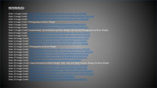 REFERENCES:
Slide 1 Image Credit: https://pixabay.com/en/lamp-idea-offering-pear-view-432248/
Slide 2 Image Credit: https://pixabay.com/en/hiking-mountain-climbing-mountain-1031628/
Slide 3 Image Credit: https://pixabay.com/en/highspeed-photography-water-1004250/
Slide 4 Image Credit: Photography by Brian Wright
Slide 5 Image Credit: https://www.flickr.com/photos/98185064@N00/2088079870/
Slide 6 Image Credit: https://www.flickr.com/photos/127751590@N03/15649186294/
Slide 7 Images Credit (respectively): (A) Animation by Brian Wright, (B) and (C) Photography by Brian Wright.
Slide 8 Image Credit: https://pixabay.com/en/thinking-thinking-work-man-face-272677/
Slide 9 Image Credit: https://pixabay.com/en/cloud-sky-yellow-radius-sunshine-143152/
Slide 10 Image Credit: https://pixabay.com/en/beautiful-close-up-eye-eyebrows-2315/
Slide 11 Image Credit: https://www.flickr.com/photos/33854765@N00/1225340840/
Slide 12 Image Credit: https://pixabay.com/en/beyond-death-life-after-death-602060/
Slide 13 Image Credit: Photography by Brian Wright
Slide 14 Image Credit: https://pixabay.com/en/pen-tablet-technology-business-926313/
Slide 15 Image Credit: https://pixabay.com/en/hiker-rock-climbing-hiking-sunrise-1082297/
Slide 16 Image Credit: https://www.flickr.com/photos/34547181@N00/19618432919/
Slide 17 Image Credit: https://www.flickr.com/photos/26504592@N03/3978482591/
Slide 18 Image Credit: https://pixabay.com/en/monitor-programming-933392/
Slide 19 Images Credit: (top) Animation by Brian Wright, (left, mid, and right) Graphic Design by Brian Wright
Slide 20 Image Credit: https://pixabay.com/en/beach-sports-karate-kimonos-632843/
Slide 21 Image Credit: https://www.flickr.com/photos/28156071@N00/5394821198/
Slide 22 Image Credit: https://pixabay.com/en/carpentry-hobby-work-bench-tools-854287/
Slide 23 Image Credit: https://pixabay.com/en/office-startup-business-home-office-594132/
Slide 24 Image Credit: https://www.flickr.com/photos/37129284@N02/
Slide 25 Image Credit: https://www.flickr.com/photos/39361795@N00/4559666072/
 