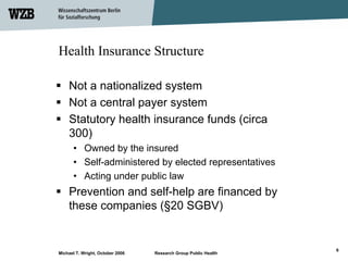 Health Insurance Structure

    Not a nationalized system
    Not a central payer system
    Statutory health insurance funds (circa
    300)
      • Owned by the insured
      • Self-administered by elected representatives
      • Acting under public law
    Prevention and self-help are financed by
    these companies (§20 SGBV)


                                                                 6
Michael T. Wright, October 2006   Research Group Public Health
 