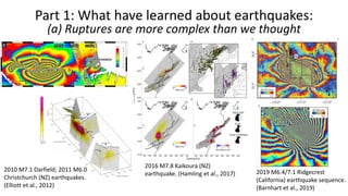 Part 1: What have learned about earthquakes:
(a) Ruptures are more complex than we thought
2016 M7.8 Kaikoura (NZ)
earthquake. (Hamling et al., 2017) 2019 M6.4/7.1 Ridgecrest
(California) earthquake sequence.
(Barnhart et al., 2019)
2010 M7.1 Darfield; 2011 M6.0
Christchurch (NZ) earthquakes.
(Elliott et al., 2012)
 