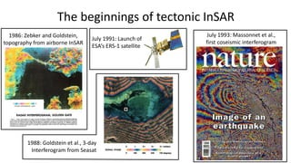 The beginnings of tectonic InSAR
July 1993: Massonnet et al.,
first coseismic interferogram
July 1991: Launch of
ESA’s ERS-1 satellite
1988: Goldstein et al., 3-day
Interferogram from Seasat
1986: Zebker and Goldstein,
topography from airborne InSAR
 