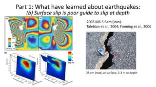 2003 M6.5 Bam (Iran).
Talebian et al., 2004; Funning et al., 2006
25 cm (max) at surface; 2-3 m at depth
Part 1: What have learned about earthquakes:
(b) Surface slip is poor guide to slip at depth
 