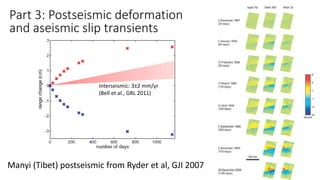 Part 3: Postseismic deformation
and aseismic slip transients
Manyi (Tibet) postseismic from Ryder et al, GJI 2007
Interseismic: 3±2 mm/yr
(Bell et al., GRL 2011)
 