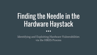 Finding the Needle in the
Hardware Haystack
Identifying and Exploiting Hardware Vulnerabilities
via the HRES Process
 