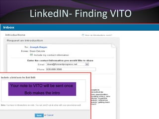 LinkedIN- Finding VITO Your note to VITO will be sent once  Bob makes the intro 
