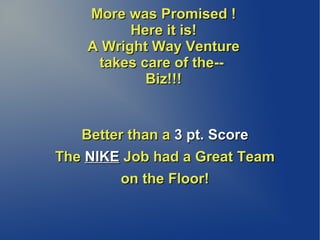 More was Promised !
          Here it is!
    A Wright Way Venture
     takes care of the--
            Biz!!!


   Better than a 3 pt. Score
The NIKE Job had a Great Team
        on the Floor!
 