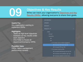 Objectives & Key Results
Wrike can track your organization's Objectives and Key
Results (OKRs), allowing everyone to share...