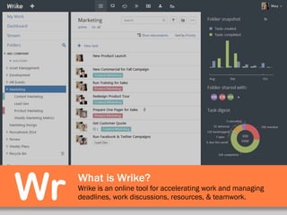 What is Wrike?
Wrike is an online tool for accelerating work and managing
deadlines, work discussions, resources, & teamwork.Wr
 