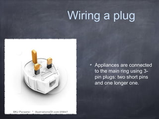 Wiring a plug
Appliances are connected
to the main ring using 3-
pin plugs: two short pins
and one longer one.
 