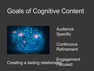 Goals of Cognitive Content
Audience
Specific
Continuous
Refinement
Engagement
FocusedCreating a lasting relationship
 