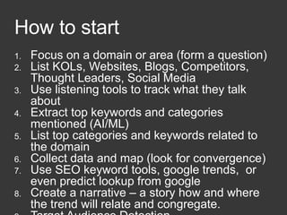 How to start
1. Focus on a domain or area (form a question)
2. List KOLs, Websites, Blogs, Competitors,
Thought Leaders, Social Media
3. Use listening tools to track what they talk
about
4. Extract top keywords and categories
mentioned (AI/ML)
5. List top categories and keywords related to
the domain
6. Collect data and map (look for convergence)
7. Use SEO keyword tools, google trends, or
even predict lookup from google
8. Create a narrative – a story how and where
the trend will relate and congregate.
 