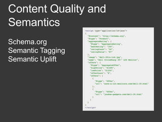 Content Quality and
Semantics
Schema.org
Semantic Tagging
Semantic Uplift
 