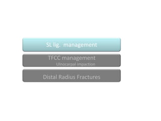 SL lig. management

 TFCC management
     Ulnocarpal impaction

Distal Radius Fractures
 