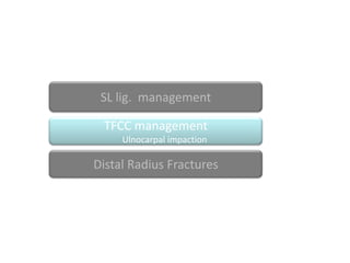 SL lig. management

 TFCC management
     Ulnocarpal impaction

Distal Radius Fractures
 