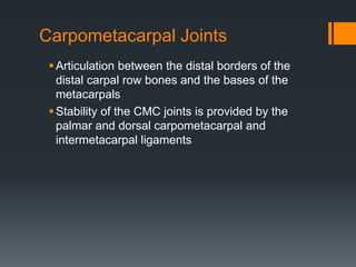 Carpometacarpal Joints
Articulation between the distal borders of the
distal carpal row bones and the bases of the
metacarpals
Stability of the CMC joints is provided by the
palmar and dorsal carpometacarpal and
intermetacarpal ligaments
 