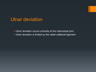 Ulnar deviation
 Ulnar deviation occurs primarily at the radiocarpal joint
 Ulnar deviation is limited by the radial collateral ligament
 