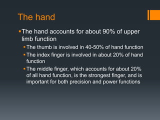 The hand
The hand accounts for about 90% of upper
limb function
The thumb is involved in 40-50% of hand function
The index finger is involved in about 20% of hand
function
The middle finger, which accounts for about 20%
of all hand function, is the strongest finger, and is
important for both precision and power functions
 