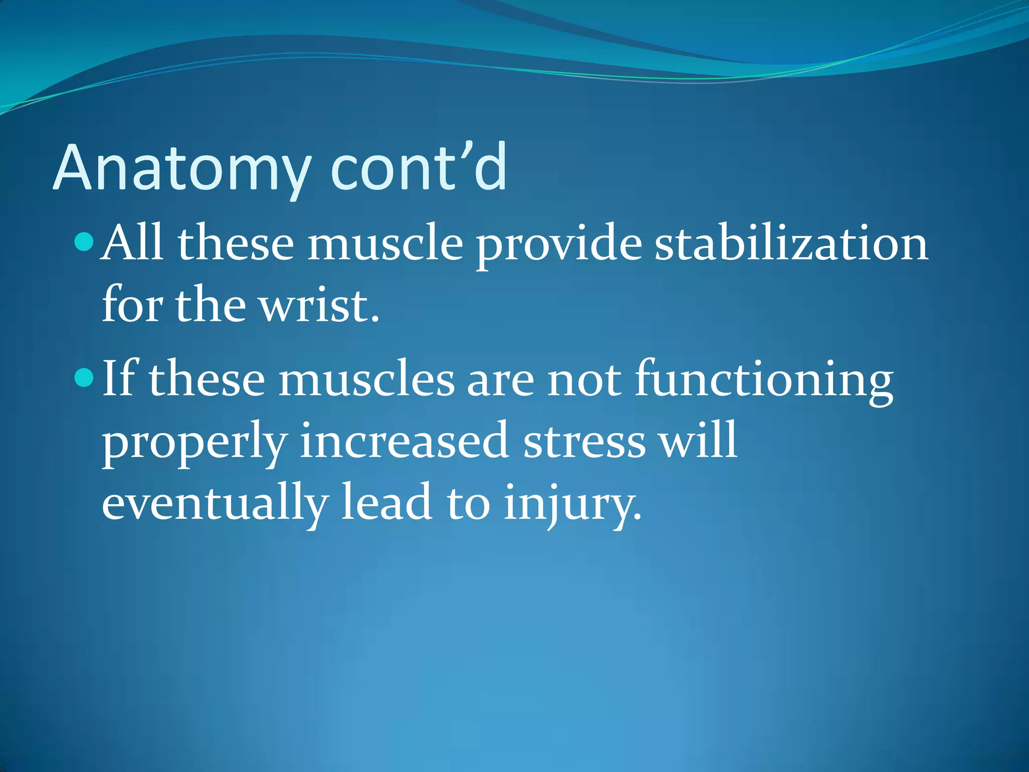Anatomy cont’dAll these muscle provide stabilization for the wrist.If these muscles are not functioning properly increased stress will eventually lead to injury.