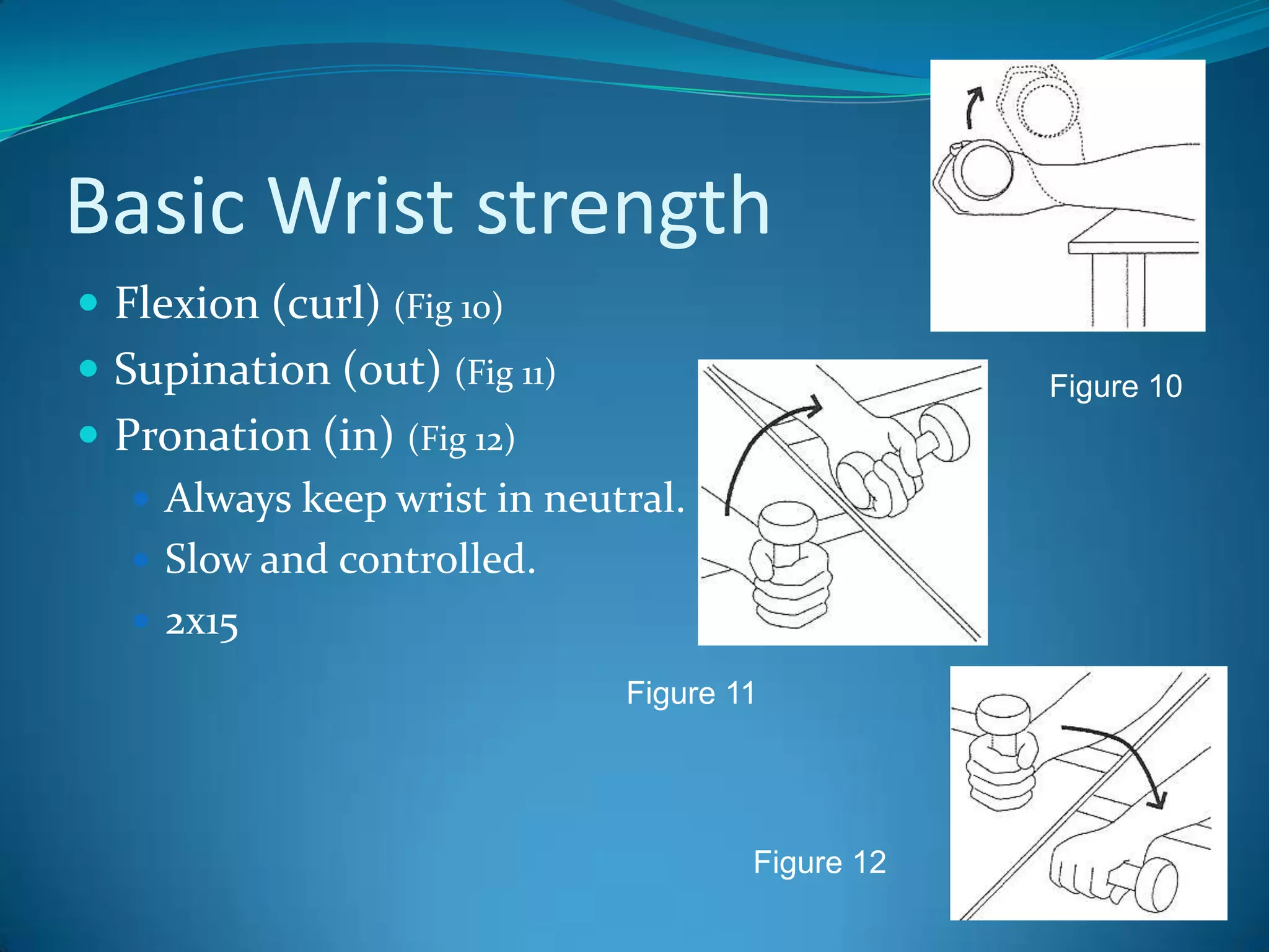 Basic Wrist strengthFlexion (curl) (Fig 10)Supination (out) (Fig 11)Pronation (in) (Fig 12)Always keep wrist in neutral.Slow and controlled.2x15Figure 10Figure 11Figure 12