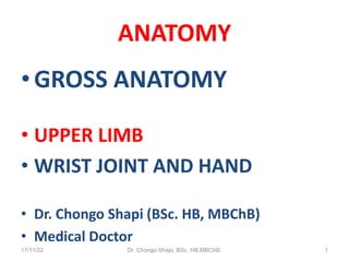 ANATOMY
• GROSS ANATOMY
• UPPER LIMB
• WRIST JOINT AND HAND
• Dr. Chongo Shapi (BSc. HB, MBChB)
• Medical Doctor
17/11/22 Dr. Chongo Shapi, BSc. HB,MBChB. 1
 