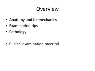 Overview
• Anatomy and biomechanics
• Examination tips
• Pathology
• Clinical examination practical
 