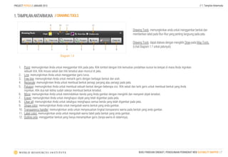 PROJECT POTICO // JANUARI 2013                                                                                                                              // 1. Tampilan Antarmuka



1. TAMPILAN ANTARMUKA // DRAWING TOOLS

                                 9   10    11                    12
                                                                                                   Drawing Tools memungkinkan anda untuk menggambar bentuk dan
                                                                                                   memberikan label pada ﬁtur-ﬁtur yang penting langsung pada peta.

                                                                                                   Drawing Tools dapat diakses dengan mengklik Draw pada Map Tools.
                                                                                                   (Lihat Diagram 1.1 untuk petunjuk).
           1         2           3         4            5         6         7        8

                                      Diagram 1.4


    1.  Point: memungkinkan Anda untuk menggambar titik pada peta. Klik tombol dengan titik kemudian pindahkan kursor ke tempat di mana Anda inginkan
         sebuah titik. Klik mouse sekali dan titik tersebut akan muncul di peta.
    2.  Line: memungkinkan Anda untuk menggambar garis lurus.
    3.  Free line: memungkinkan Anda untuk menarik garis dengan berbagai bentuk dan arah.
    4.  Rectangle: memungkinkan Anda untuk membuat bentuk persegi panjang atau persegi pada peta.
    5.  Polygon: memungkinkan Anda untuk membuat sebuah bentuk dengan beberapa sisi. Klik sekali dan tarik garis untuk membuat bentuk yang Anda
         inginkan. Klik dua kali ketika sudah selesai membuat bentuk tersebut.
    6.  Move: memungkinkan Anda untuk memindahkan benda yang Anda gambar dengan mengklik dan menyeret objek tersebut.
    7.  Eraser: memungkinkan Anda untuk menghapus objek yang telah digambar pada peta.
    8.  Clear all: memungkinkan Anda untuk sekaligus menghapus semua benda yang telah digambar pada peta.
    9.  Shape color: memungkinkan Anda untuk mengubah warna bentuk yang anda gambar.
    10.  Transparency handler: memungkinkan anda untuk menyesuaikan tingkat transparansi warna pada bentuk yang anda gambar.
    11.  Label color: memungkinkan anda untuk mengubah warna label pada bentuk yang anda gambar.
    12.  Outline only: menggambar bentuk yang hanya menampilkan garis (tanpa warna di dalamnya).




                                                                                                        BUKU PANDUAN SINGKAT | PENGGUNAAN PERANGKAT WEB SUITABILITY MAPPER | 7
 