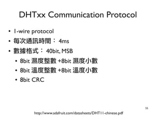 55
● 1-wire protocol
● 每次通訊時間： 4ms
● 數據格式： 40bit, MSB
● 8bit 濕度整數 +8bit 濕度小數
● 8bit 溫度整數 +8bit 溫度小數
● 8bit CRC
DHTxx Communication Protocol
http://www.adafruit.com/datasheets/DHT11-chinese.pdf
 