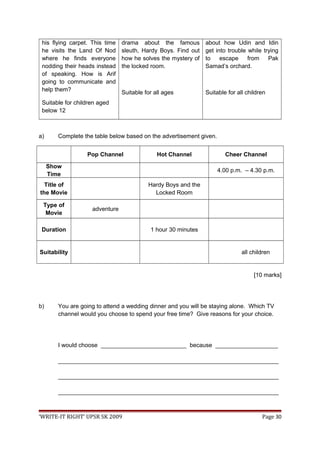 his flying carpet. This time
he visits the Land Of Nod
where he finds everyone
nodding their heads instead
of speaking. How is Arif
going to communicate and
help them?
Suitable for children aged
below 12
drama about the famous
sleuth, Hardy Boys. Find out
how he solves the mystery of
the locked room.
Suitable for all ages
about how Udin and Idin
get into trouble while trying
to escape from Pak
Samad’s orchard.
Suitable for all children
a) Complete the table below based on the advertisement given.
Pop Channel Hot Channel Cheer Channel
Show
Time
4.00 p.m. – 4.30 p.m.
Title of
the Movie
Hardy Boys and the
Locked Room
Type of
Movie
adventure
Duration 1 hour 30 minutes
Suitability all children
[10 marks]
b) You are going to attend a wedding dinner and you will be staying alone. Which TV
channel would you choose to spend your free time? Give reasons for your choice.
I would choose __________________________ because ___________________
___________________________________________________________________
___________________________________________________________________
___________________________________________________________________
‘WRITE-IT RIGHT’ UPSR SK 2009 Page 30
 