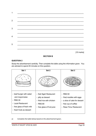 1 ___________________________________________________________________
___________________________________________________________________
2 ___________________________________________________________________
___________________________________________________________________
3 ___________________________________________________________________
___________________________________________________________________
4 ___________________________________________________________________
___________________________________________________________________
5 ___________________________________________________________________
___________________________________________________________________
[10 marks]
SECTION B
QUESTION 2
Study the advertisement carefully. Then complete the table using the information given. You
are advised to spend 25 minutes on this question.
Set 1 Set 2 Set 3
- beef burger with salad
and mayonnaise
- RM2.30
- Lazat Restaurant
- free glass of fresh milk
- fresh fruits as dessert
- Kak Ngah Restaurant
- jelly as dessert
- fried rice with chicken
- RM2.80
- free glass of fruit juice
- RM2.50
- fried noodles with eggs
- a slice of cake for dessert
- free cup of coffee
- Rasa Timur Restaurant
a) Complete the table below based on the advertisement given.
‘WRITE-IT RIGHT’ UPSR SK 2009 Page 59
 