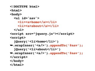 <!DOCTYPE html>
<html>
<body>
  <ul id='nav'>
    <li><a>home</a></li>
    <li><a>about</a></li>
  </ul>
<script src=”jquery.js”></script>
<script>
  jQuery(‘<li>home</li>’)
➥.wrapInner(‘<a/>’).appendTo(‘#nav’);
  jQuery(‘<li>about</li>’)
➥.wrapInner(‘<a/>’).appendTo(‘#nav’);
</script>
</body>
</html>
 