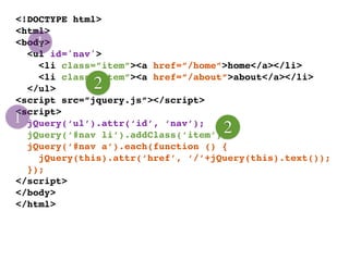 <!DOCTYPE html>
<html>
    1
<body>
  <ul id='nav'>
    <li class=”item”><a href=”/home”>home</a></li>
    <li class=”item”><a href=”/about”>about</a></li>
  </ul>      2
<script src=”jquery.js”></script>
<script>
1 jQuery(‘ul’).attr(‘id’, ‘nav’);
                                    2
  jQuery(‘#nav li’).addClass(‘item’);
  jQuery(‘#nav a’).each(function () {
    jQuery(this).attr(‘href’, ‘/’+jQuery(this).text());
  });
</script>
</body>
</html>
 