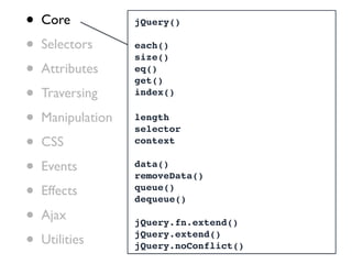 •   Core           jQuery()

•   Selectors      each()
                   size()
•   Attributes     eq()
                   get()
•   Traversing     index()


•   Manipulation   length
                   selector
•   CSS            context


•   Events         data()
                   removeData()

•   Effects        queue()
                   dequeue()

•   Ajax           jQuery.fn.extend()

•   Utilities      jQuery.extend()
                   jQuery.noConflict()
 