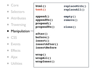 •   Core           html()          replaceWith()

•
                   text()          replaceAll()
    Selectors

•   Attributes
                   append()
                   appendTo()
                                   empty()
                                   remove()

•   Traversing     prepend()
                   prependTo()     clone()
•   Manipulation
                   after()
•   CSS            before()
                   insert()
•   Events         insertAfter()
                   insertBefore
•   Effects
                   wrap()
•   Ajax           wrapAll()

•
                   wrapInner()
    Utilities
 