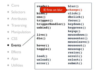 •   Core           ready()             blur()
                       IE ﬁres on blur
•
                                       change()
    Selectors      bind()              click()

•   Attributes
                   one()
                   trigger()
                                       dbclick()
                                       focus()

•   Traversing     triggerHandler() keydown()
                   unbind()            keypress()
•   Manipulation
                   live()
                                       keyup()
                                       mousedown()
•   CSS            die()               mousenter()
                                       mouseleave()
•   Events         hover()
                   toggle()
                                       mouseout()
                                       mouseup()
•   Effects
                   load()
                                       resize()
                                       scroll()
•   Ajax           unload()            select()

•
                   error()             submit()
    Utilities
 