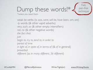 #ConfabMN @MarciaRJohnston Write Tight(er) www.Writing.Rocks
weak be-verbs (is, was, were, will be, have been, am, are)
-ly words (& other vapid adverbs)
very, such, so (& other empty intensiﬁers)
not, no (& other negative words)
the fact that
just
begin to, try to, tend to, in order to
period of time
in light of, in spite of, in terms of (& of in general)
proverbial
different (as in many different, 36 different)
Dump these words!*
*unless you need them
Fast,
pain-free
technique
 