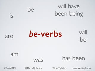 #ConfabMN @MarciaRJohnston Write Tight(er) www.Writing.Rocks
is
be
will have 
been being
will
be
has beenwas
am
are be-verbs
 