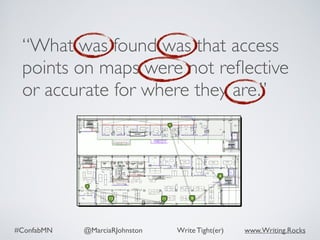 #ConfabMN @MarciaRJohnston Write Tight(er) www.Writing.Rocks
“What was found was that access
points on maps were not reﬂective
or accurate for where they are.”
 